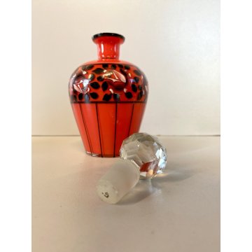 SET PROFUMO 3 ELEMENTI VETRO MURANO ROSSO DECORO NERO FIORI FOGLIE ART DECO' '40