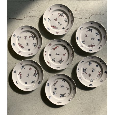 RARO SET 7 PIATTI CERAMICA S.C. Richard "Frutti di mare" DIPINTI A MANO Art Decò