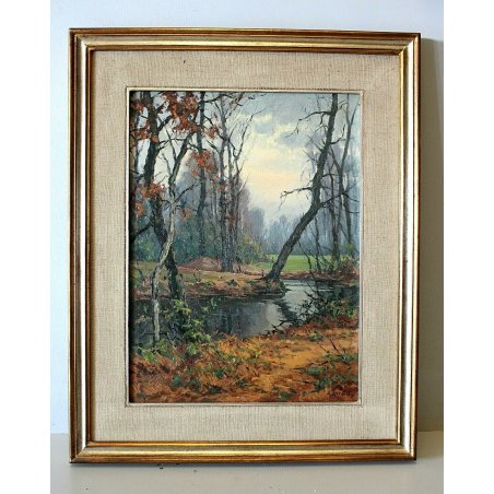 QUADRO DIPINTO OLIO su TELA Artino Giroldi PAESAGGIO BOSCO FIUME CREPUSCOLO '900