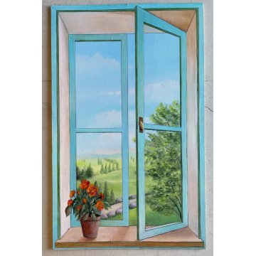 DIPINTO OLIO TAVOLA TROMPE L' OEIL VEDUTA FINESTRA PAESAGGIO COLLINARE '900