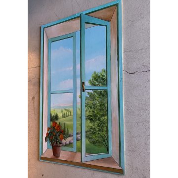 DIPINTO OLIO TAVOLA TROMPE L' OEIL VEDUTA FINESTRA PAESAGGIO COLLINARE '900