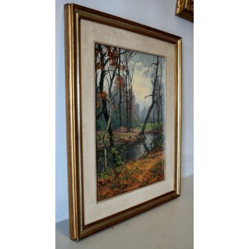 QUADRO DIPINTO OLIO su TELA Artino Giroldi PAESAGGIO BOSCO FIUME CREPUSCOLO '900