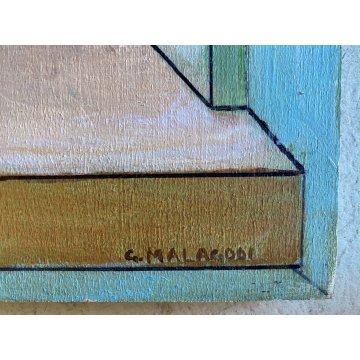 DIPINTO OLIO TAVOLA TROMPE L' OEIL VEDUTA FINESTRA PAESAGGIO COLLINARE '900