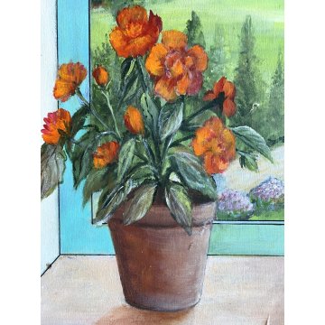 DIPINTO OLIO TAVOLA TROMPE L' OEIL VEDUTA FINESTRA PAESAGGIO COLLINARE '900