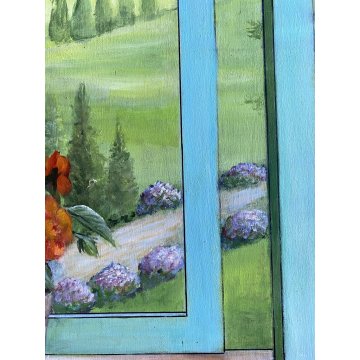 DIPINTO OLIO TAVOLA TROMPE L' OEIL VEDUTA FINESTRA PAESAGGIO COLLINARE '900