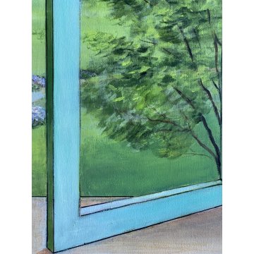 DIPINTO OLIO TAVOLA TROMPE L' OEIL VEDUTA FINESTRA PAESAGGIO COLLINARE '900