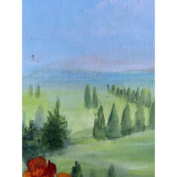 DIPINTO OLIO TAVOLA TROMPE L' OEIL VEDUTA FINESTRA PAESAGGIO COLLINARE '900