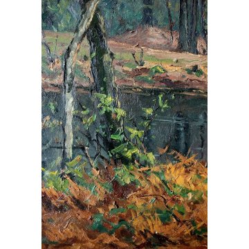 QUADRO DIPINTO OLIO su TELA Artino Giroldi PAESAGGIO BOSCO FIUME CREPUSCOLO '900