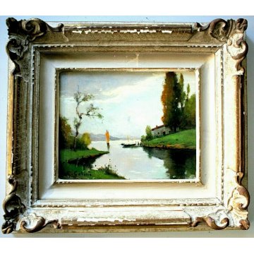 ANTICO PICCOLO QUADRO DIPINTO OLIO TAVOLA G. COLMO PAESAGGIO LACUSTRE PRIMO '900