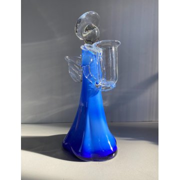 STATUETTA FIGURA ANGELO PORTACANDELA VETRO SOFFIATO MURANO BLUE GLASS ANGEL 23cm