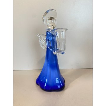 STATUETTA FIGURA ANGELO PORTACANDELA VETRO SOFFIATO MURANO BLUE GLASS ANGEL 23cm