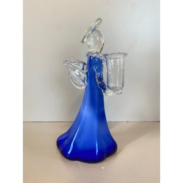 STATUETTA FIGURA ANGELO PORTACANDELA VETRO SOFFIATO MURANO BLUE GLASS ANGEL 23cm
