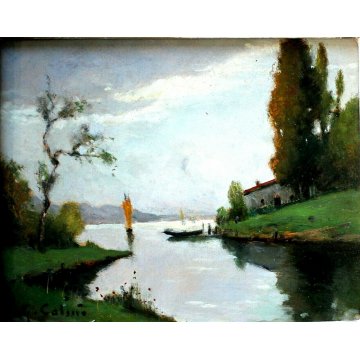 ANTICO PICCOLO QUADRO DIPINTO OLIO TAVOLA G. COLMO PAESAGGIO LACUSTRE PRIMO '900