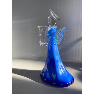 STATUETTA FIGURA ANGELO PORTACANDELA VETRO SOFFIATO MURANO BLUE GLASS ANGEL 23cm