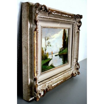 ANTICO PICCOLO QUADRO DIPINTO OLIO TAVOLA G. COLMO PAESAGGIO LACUSTRE PRIMO '900