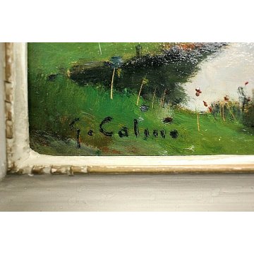 ANTICO PICCOLO QUADRO DIPINTO OLIO TAVOLA G. COLMO PAESAGGIO LACUSTRE PRIMO '900