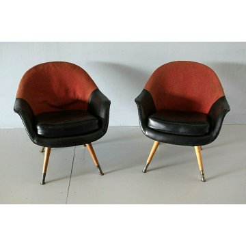 COPPIA POLTRONA ANNI 50 IMBOTTITA NELLO STILE GASTONE RINALDI TESSUTO PELLE NERA