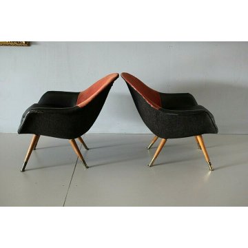 COPPIA POLTRONA ANNI 50 IMBOTTITA NELLO STILE GASTONE RINALDI TESSUTO PELLE NERA