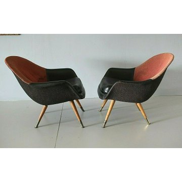 COPPIA POLTRONA ANNI 50 IMBOTTITA NELLO STILE GASTONE RINALDI TESSUTO PELLE NERA