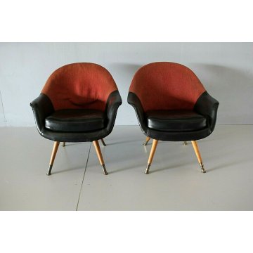 COPPIA POLTRONA ANNI 50 IMBOTTITA NELLO STILE GASTONE RINALDI TESSUTO PELLE NERA