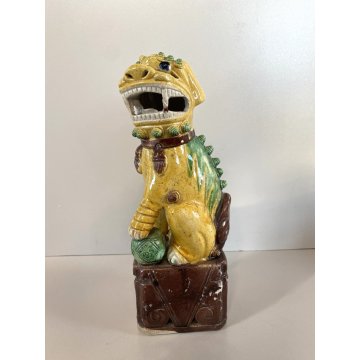 STATUINA CANE FOO  PORCELLANA SMALTO GIALLO LEONE GUARDIANO CINA XX sec. 25cm/h