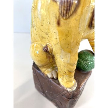 STATUINA CANE FOO  PORCELLANA SMALTO GIALLO LEONE GUARDIANO CINA XX sec. 25cm/h