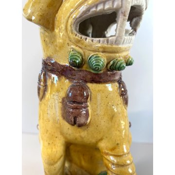STATUINA CANE FOO  PORCELLANA SMALTO GIALLO LEONE GUARDIANO CINA XX sec. 25cm/h