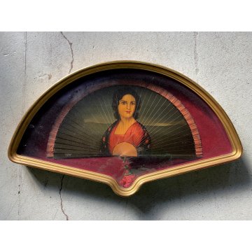 ANTICO VENTAGLIO DIPINTO F. Gomez RITRATTO FEMMINILE TECA VENTAGLIERA LEGNO '900