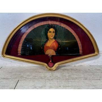 ANTICO VENTAGLIO DIPINTO F. Gomez RITRATTO FEMMINILE TECA VENTAGLIERA LEGNO '900