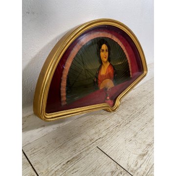 ANTICO VENTAGLIO DIPINTO F. Gomez RITRATTO FEMMINILE TECA VENTAGLIERA LEGNO '900