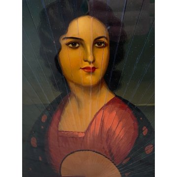 ANTICO VENTAGLIO DIPINTO F. Gomez RITRATTO FEMMINILE TECA VENTAGLIERA LEGNO '900