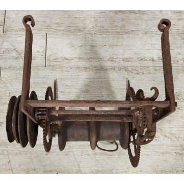 ANTICO Girarrosto MECCANICO da CAMINO Strumento a Peso FERRO BATTUTO epoca 1700
