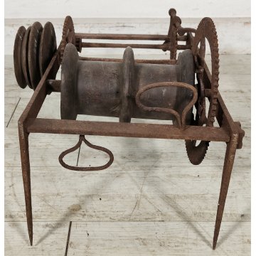 ANTICO Girarrosto MECCANICO da CAMINO Strumento a Peso FERRO BATTUTO epoca 1700