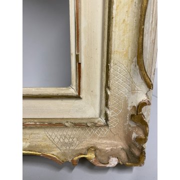 ANTICA PICCOLA CORNICE DORATA BIANCA LEGNO SCOLPITO 44 cm x 38 cm EPOCA '900