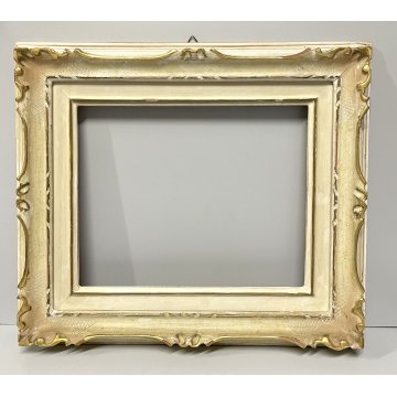 ANTICA PICCOLA CORNICE DORATA BIANCA LEGNO SCOLPITO 38 cm x 44 cm EPOCA '900