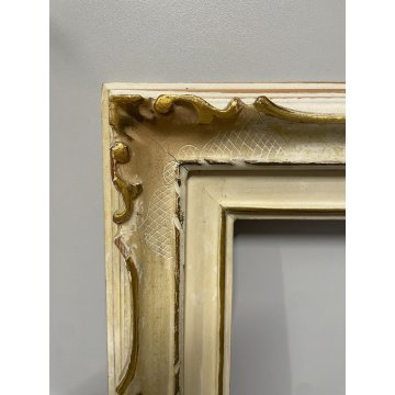 ANTICA PICCOLA CORNICE DORATA BIANCA LEGNO SCOLPITO 38 cm x 44 cm EPOCA '900
