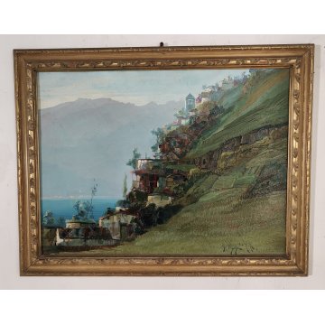 ANTICO QUADRO OLIO TAVOLA Giuseppe Pessina PAESAGGIO LAGO anni 40/50 CORNICE ORO