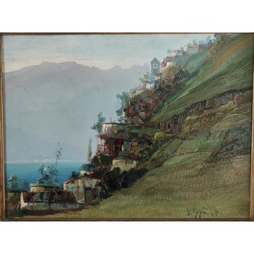 ANTICO QUADRO OLIO TAVOLA Giuseppe Pessina PAESAGGIO LAGO anni 40/50 CORNICE ORO