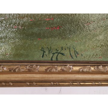 ANTICO QUADRO OLIO TAVOLA Giuseppe Pessina PAESAGGIO LAGO anni 40/50 CORNICE ORO