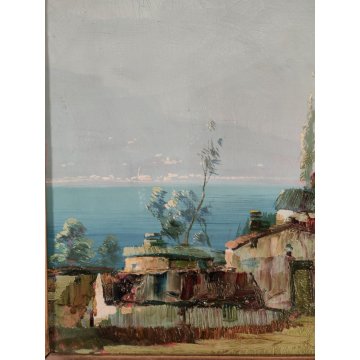 ANTICO QUADRO OLIO TAVOLA Giuseppe Pessina PAESAGGIO LAGO anni 40/50 CORNICE ORO
