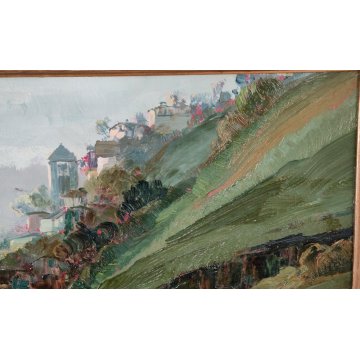 ANTICO QUADRO OLIO TAVOLA Giuseppe Pessina PAESAGGIO LAGO anni 40/50 CORNICE ORO