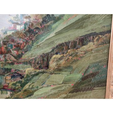 ANTICO QUADRO OLIO TAVOLA Giuseppe Pessina PAESAGGIO LAGO anni 40/50 CORNICE ORO