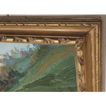 ANTICO QUADRO OLIO TAVOLA Giuseppe Pessina PAESAGGIO LAGO anni 40/50 CORNICE ORO