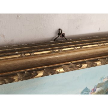 ANTICO QUADRO OLIO TAVOLA Giuseppe Pessina PAESAGGIO LAGO anni 40/50 CORNICE ORO