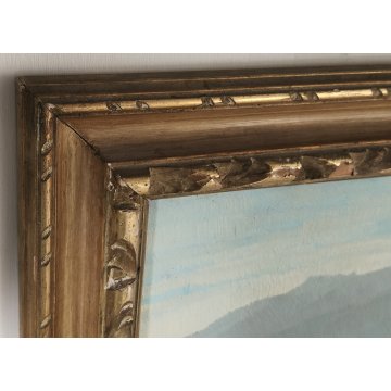 ANTICO QUADRO OLIO TAVOLA Giuseppe Pessina PAESAGGIO LAGO anni 40/50 CORNICE ORO