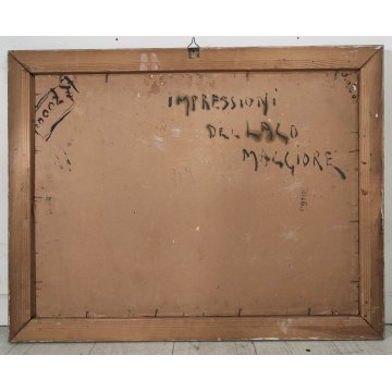 ANTICO QUADRO OLIO TAVOLA Giuseppe Pessina PAESAGGIO LAGO anni 40/50 CORNICE ORO