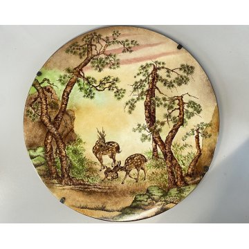 PIATTO DECORATIVO PARATA CERAMICA SCENA NATURALISTICA CERVO CERBIATTI BOSCO ø 41