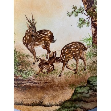 PIATTO DECORATIVO PARATA CERAMICA SCENA NATURALISTICA CERVO CERBIATTI BOSCO ø 41