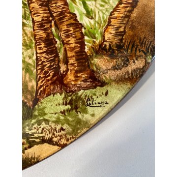 PIATTO DECORATIVO PARATA CERAMICA SCENA NATURALISTICA CERVO CERBIATTI BOSCO ø 41