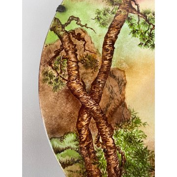 PIATTO DECORATIVO PARATA CERAMICA SCENA NATURALISTICA CERVO CERBIATTI BOSCO ø 41